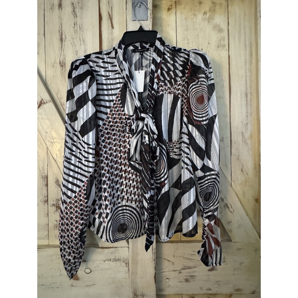 CQ‎ By CQ Blouse Button Shirt Tie Neck Black White Brown Geometric Illusion M